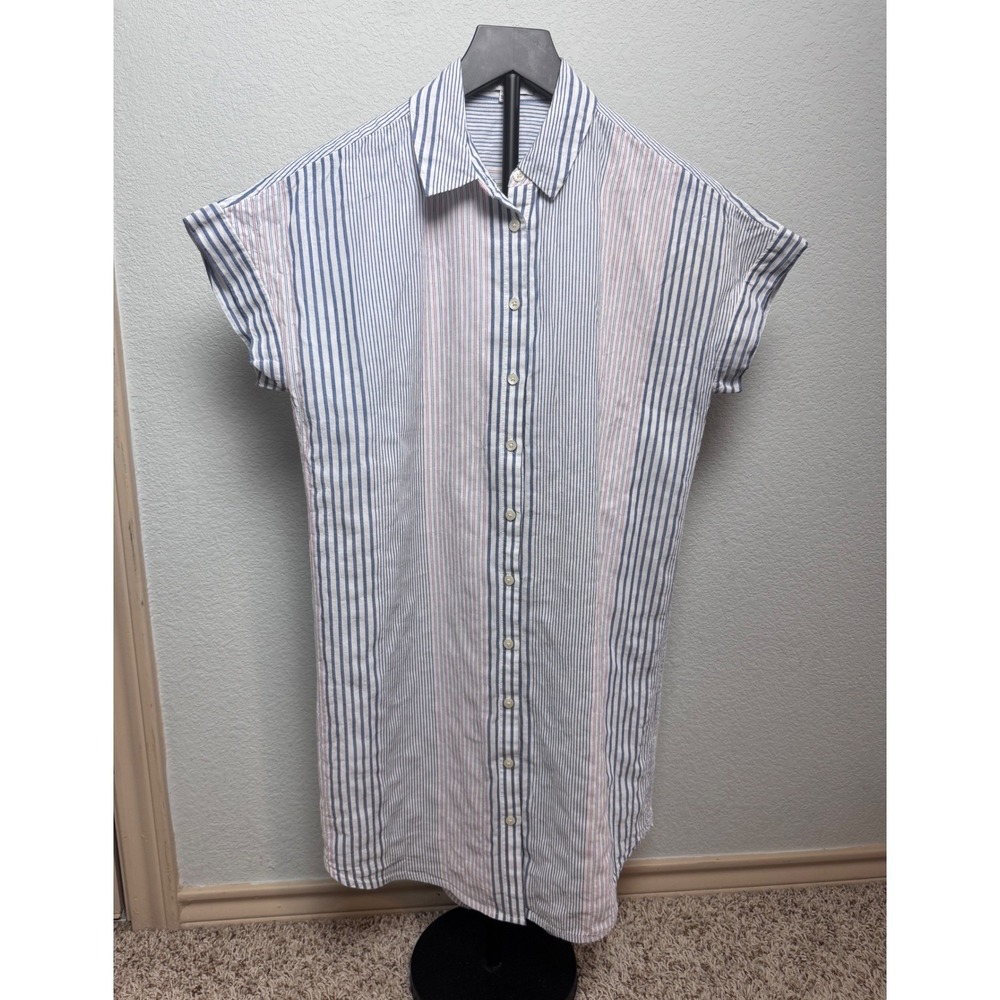 Madewell Womens XS Blue Pink Striped Button Front Short Sleeve Shirt Dress